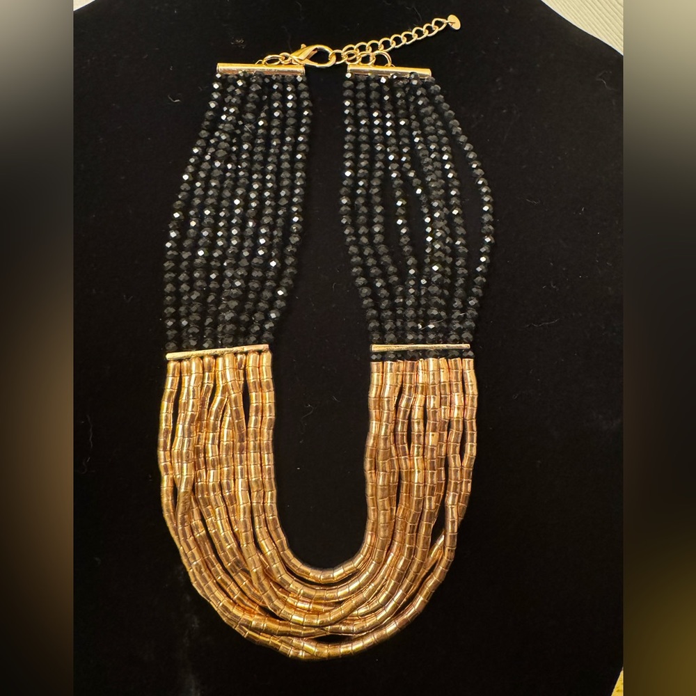 Black and Gold Multi Strand Beaded Necklace 16-19”